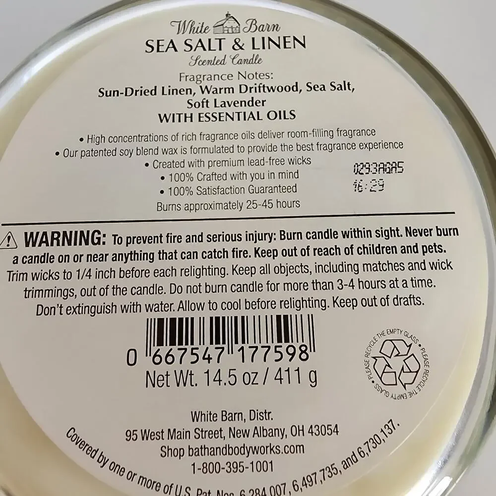 Bath & Body Works White Barn Sea Salt & Linen 14.5 oz 3-Wick Scented Candle